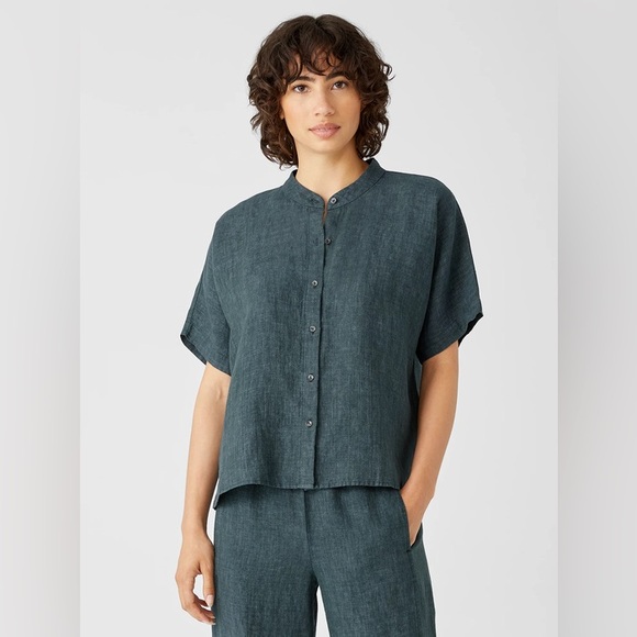 Eileen Fisher Tops - Eileen Fisher washed organic botton up linen Delave shirt size M